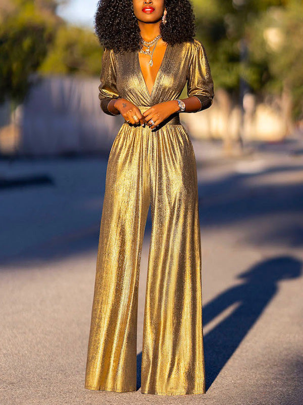 High Waisted -Deep V-Neck Jumpsuit