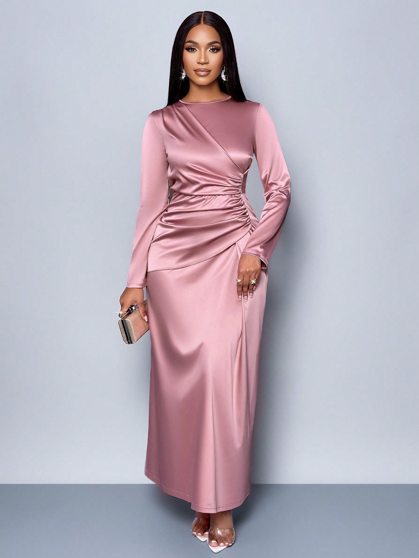 Women's Ruched Side Satin Bodycon Dress- Gold