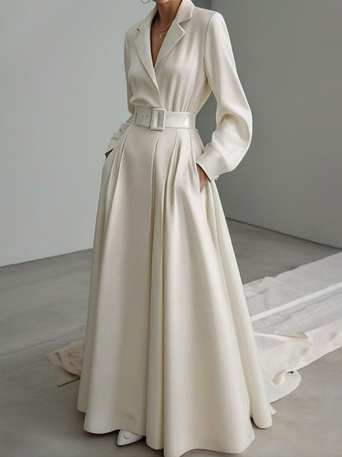 Long Sleeves Loose No Belt Notched Collar Maxi Dresse