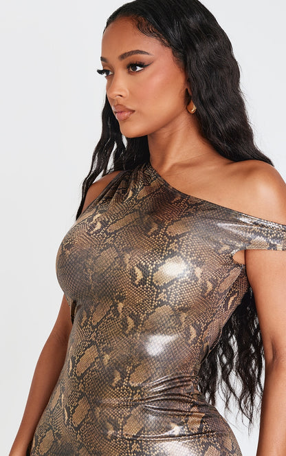 Champagne Snake Wet Look Asymmetric Maxi Dress