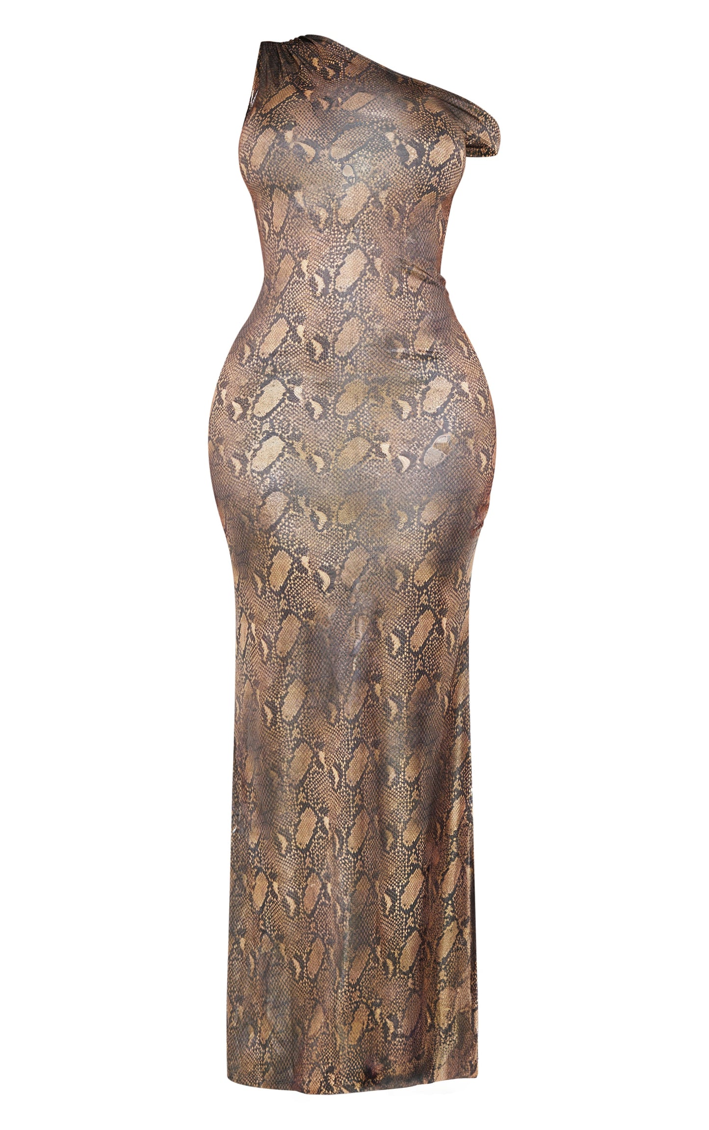 Champagne Snake Wet Look Asymmetric Maxi Dress