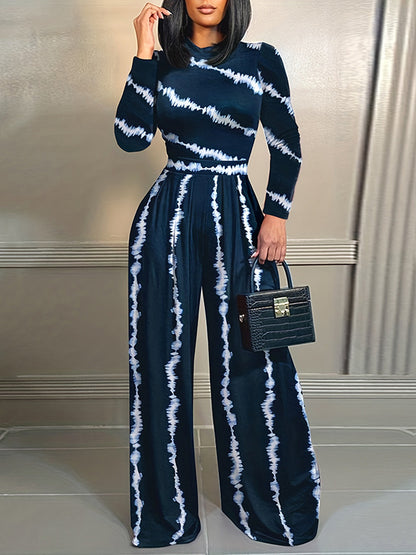 High Waisted Long Sleeves Pleated Printed Split-Joint Mock Neck Jumpsuits