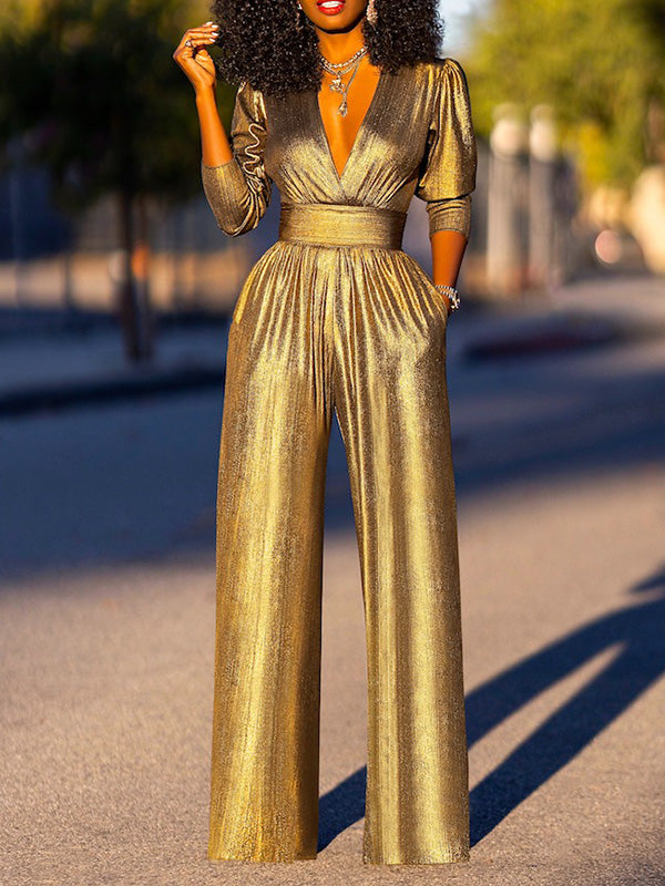 High Waisted -Deep V-Neck Jumpsuit