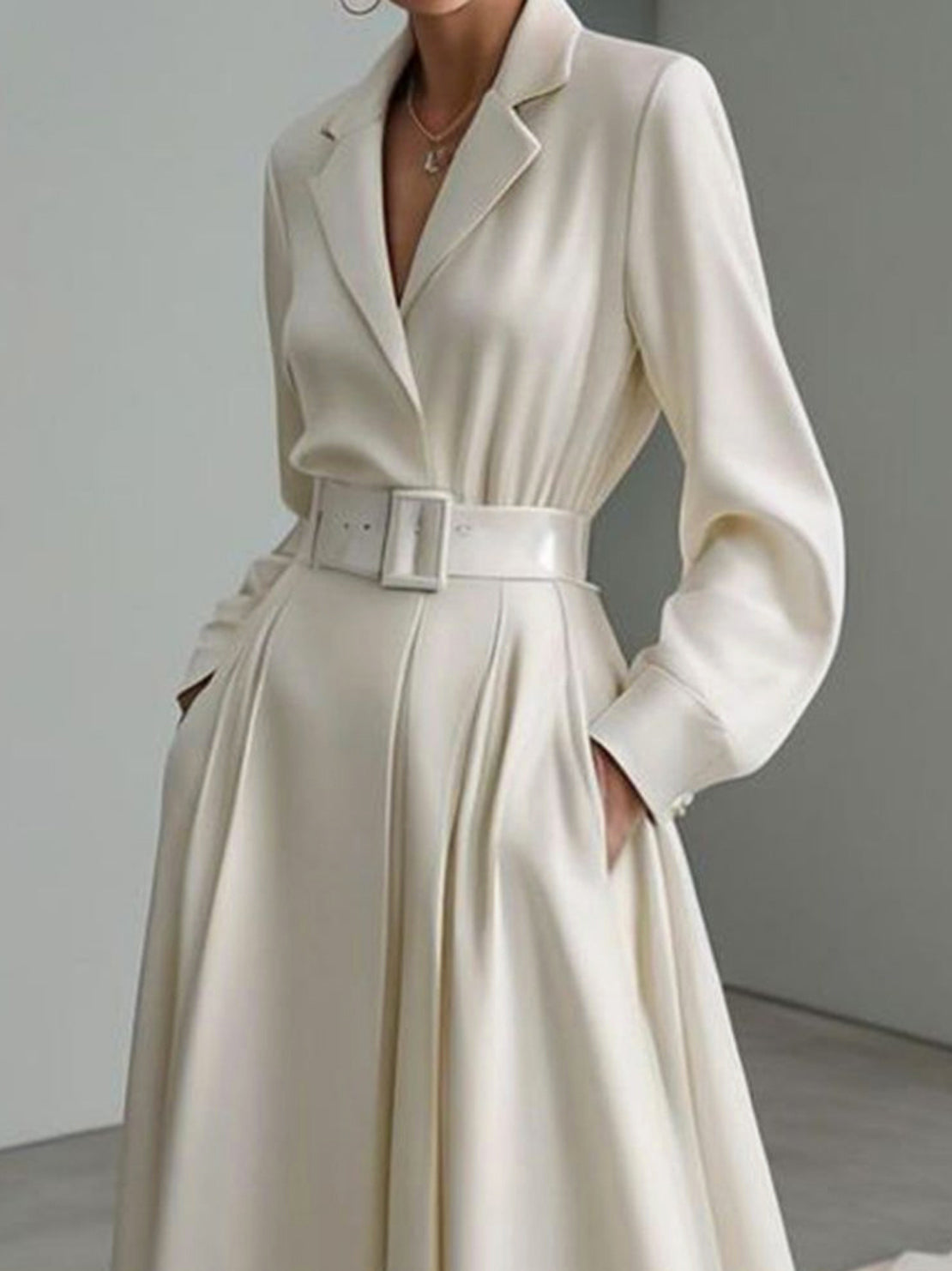 Long Sleeves Loose No Belt Notched Collar Maxi Dresse