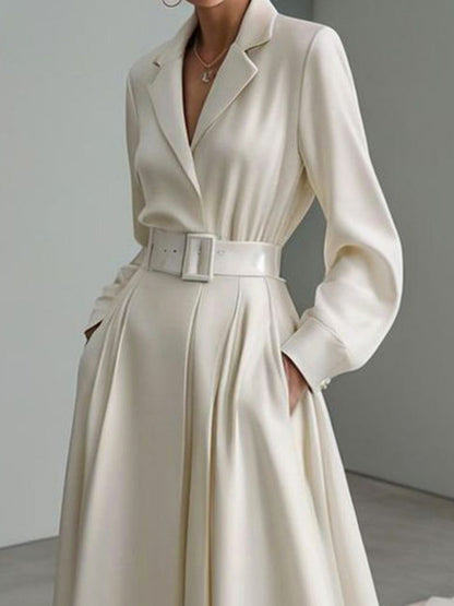 Long Sleeves Loose No Belt Notched Collar Maxi Dresse