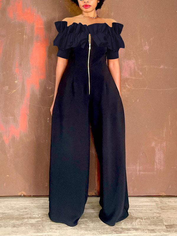 High Waisted Loose Pockets Zipper Tube Jumpsuits